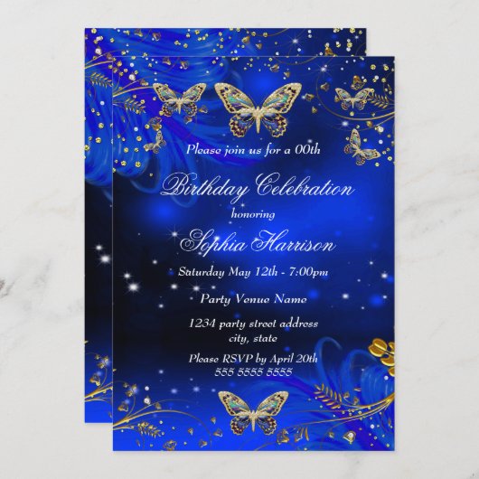 Invitation Bouteille Royal Blue Gold Butterfly fête d'anniver (Devant / Derrière)
