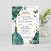 Invitation Bouteille vert émeraude fleurie avec robe (Debout devant)