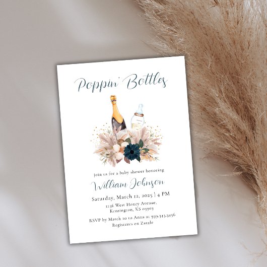 Invitation Bouteilles à Poppin de Boho bleu Baby shower Champ
