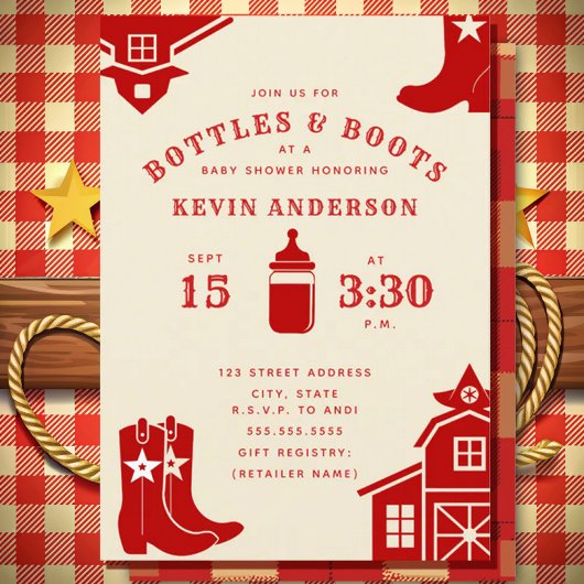 Invitation Bouteilles & Boots Baby shower rouge rétro