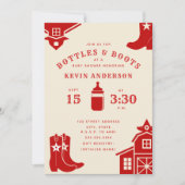 Invitation Bouteilles & Boots Baby shower rouge rétro (Devant)