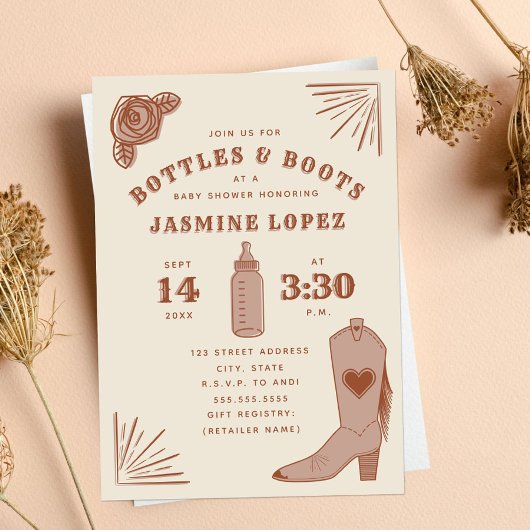 Invitation Bouteilles & Bottes Baby shower de fille en terre 