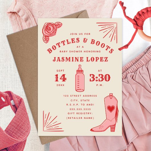 Invitation Bouteilles & Bottes Baby shower fille