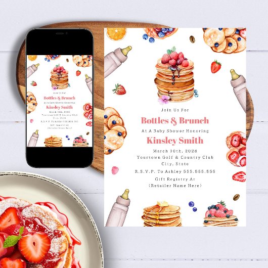 Invitation Bouteilles Brunch Baby shower fille Pancake Petit