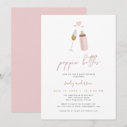 Invitation Bouteilles de Baby shower de garçon ANDI Pink Popp (Devant / Derrière)