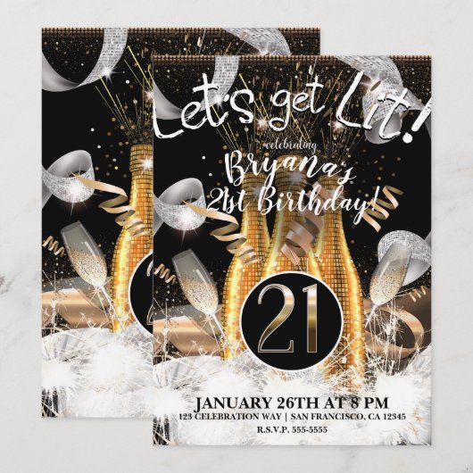 Invitation Bouteilles de Champagne Gold Let's Get Lit 21ème A (Devant / Derrière)