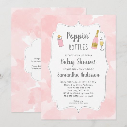 Invitation Bouteilles de Poppin' Baby shower d'aquarelle rose (Devant / Derrière)