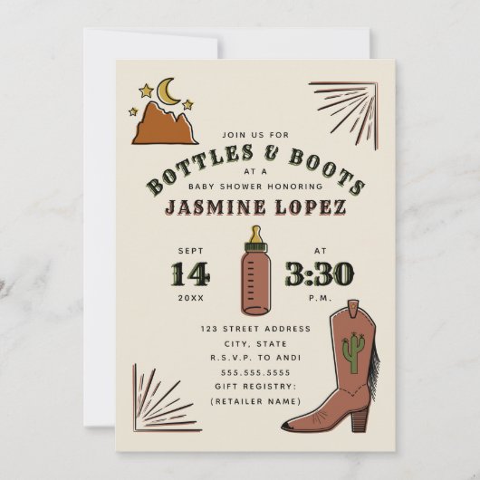 Invitation Bouteilles et Bottes Baby shower Cactus Moon Cowbo (Devant)