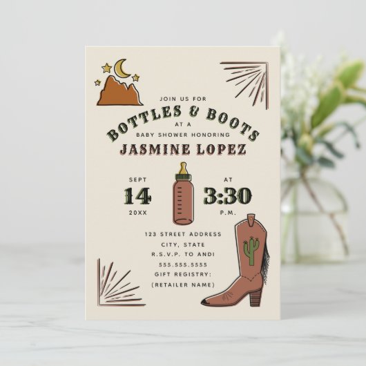 Invitation Bouteilles et Bottes Baby shower Cactus Moon Cowbo (Debout devant)