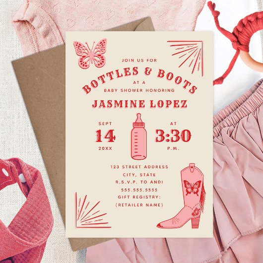 Invitation Bouteilles et Bottes Baby shower de la fille papil