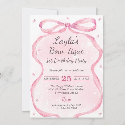 Invitation Boutique Bow rose 1er anniversaire (Devant)