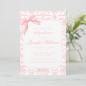 Invitation Bouton arc rose mou en damas baby shower (Debout devant)