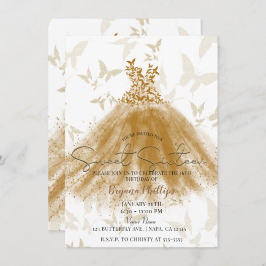 Invitation Bouton Danse Or Robe Étincelle Douce 16 Partie (Devant / Derrière)