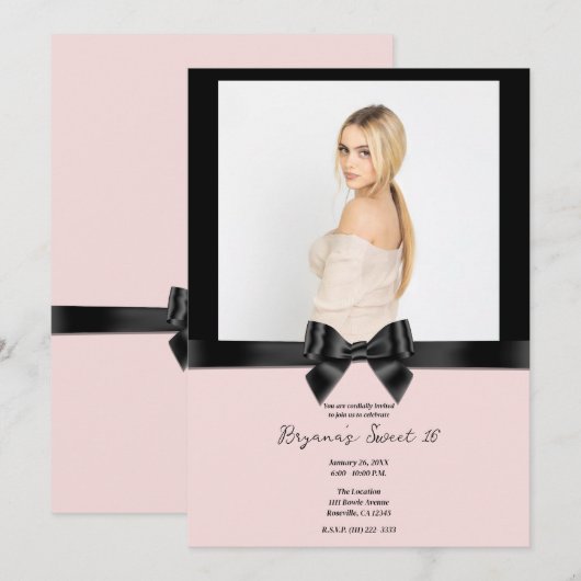 Invitation Bouton noir Satin Bow Blush Rose Photo Sweet 16 (Devant / Derrière)