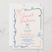 Invitation Boutons bleu chic rubans illustrations Sweet 16 (Devant)