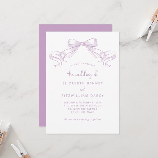 Invitation Bow à croquis romantique | Lilac Mariage De (Devant/Arrière en situation)