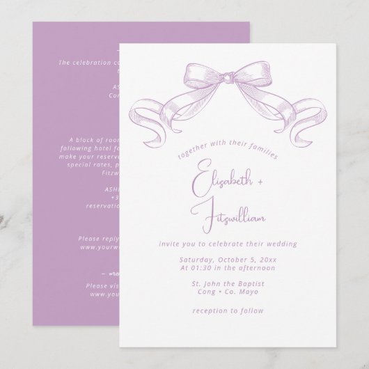 Invitation Bow à croquis romantique | Mariage avant Lilac + a (Devant / Derrière)