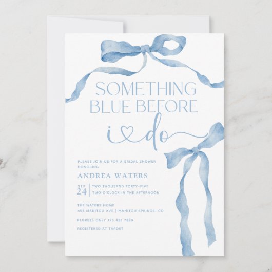 Invitation Bow à ruban | Fête des mariées bleue et blanche (Devant)