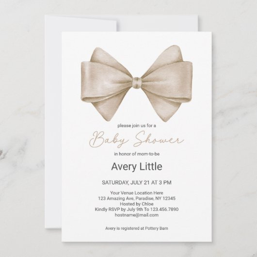 Invitation Bow Beige Baby shower Boho moderne (Devant)
