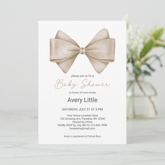 Invitation Bow Beige Baby shower Boho moderne (Debout devant)