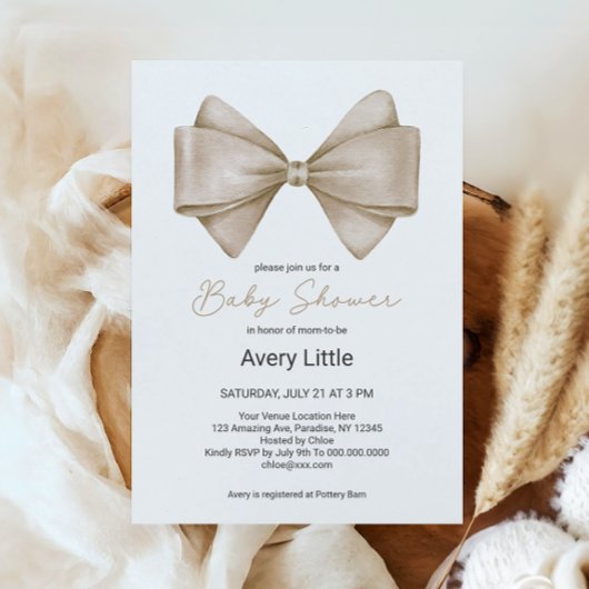 Invitation Bow Beige Baby shower Boho moderne