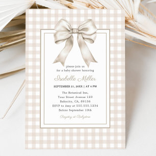 Invitation Bow beige classique En vichy Baby shower neutre