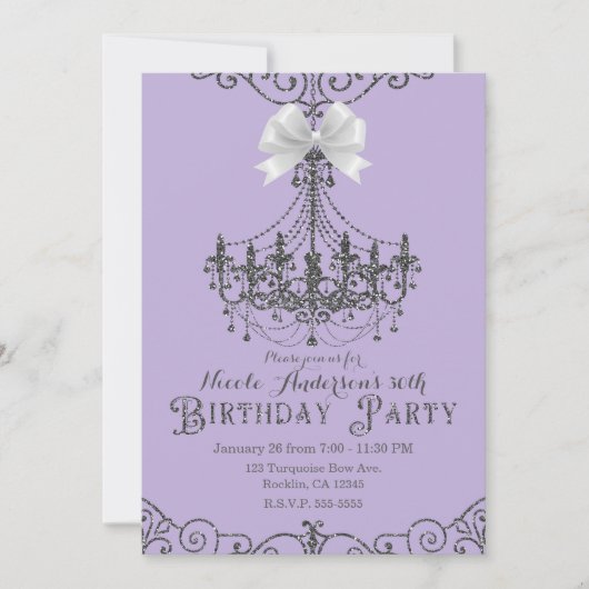 Invitation Bow blanc en argent violet fête d'anniversaire n'i (Devant)