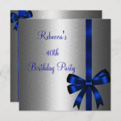 Invitation Bow Bleu Argent 40e Soirée d'Anniversaire Élégante (Devant / Derrière)