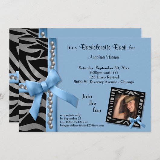 Invitation Bow Bleu Aux Perles D'Argent Et À La Zèbre (Devant / Derrière)