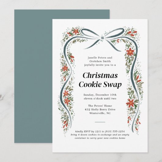 Invitation Bow bleu et Poinsettias Noël (Devant / Derrière)