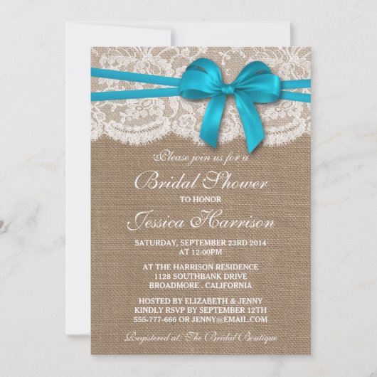 Invitation Bow bleu rustique, Fête des mariées Burlap & dente (Devant)