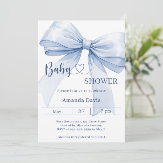 Invitation Bow blue boy Baby Shower (Debout devant)