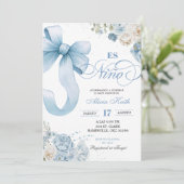 Invitation Bow Blue Coquette espagnol Es Nino Baby shower (Debout devant)