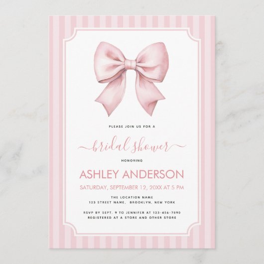 Invitation Bow Bridal Shower Pink Stripes Pattern Coquette (Devant)
