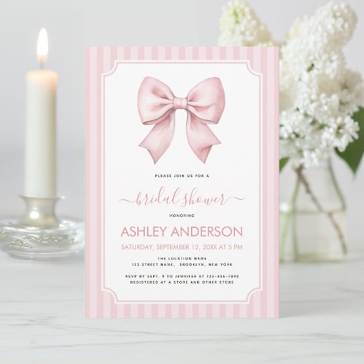 Invitation Bow Bridal Shower Pink Stripes Pattern Coquette