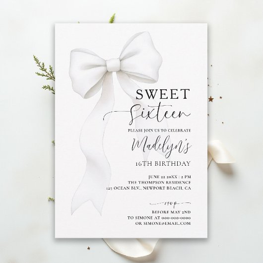 Invitation Bow Chic Black White Elegant Calligraphy Sweet 16