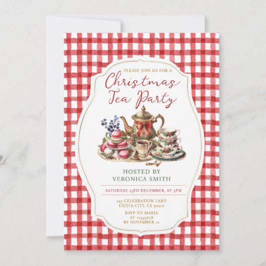 Invitation Bow Christmas Tea Party Floral Rouge En vichy Fête (Devant)