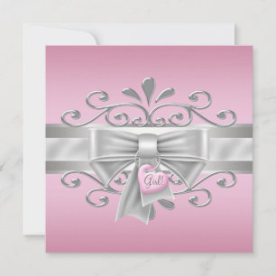 Invitation Bow Coeur Charme rose Argent Bébé Fille Douche