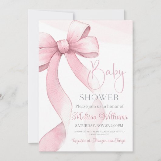 Invitation Bow Coquette Baby shower fille (Devant)