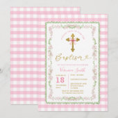 Invitation Bow Coquette Baptism Cross Grandmillenial Floral (Devant / Derrière)