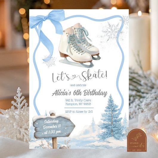 Invitation Bow Coquette Blue Girl Let's Skate Birthday