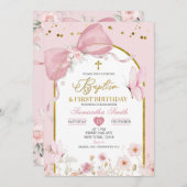 Invitation Bow Coquette Blush Pink Baptism & 1st Birthday (Devant / Derrière)