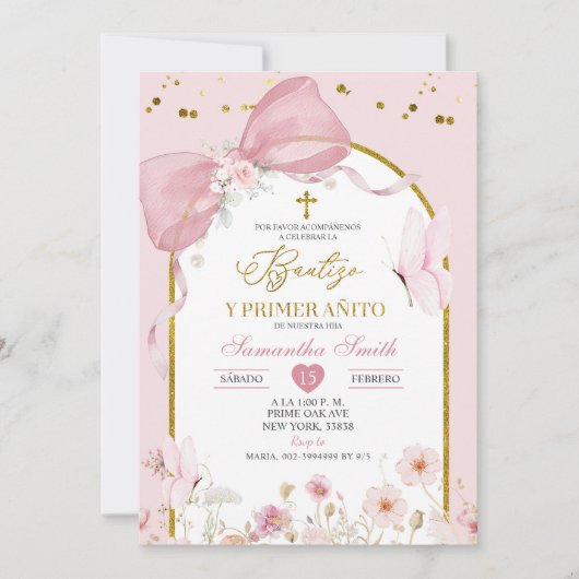 Invitation Bow Coquette Blush Pink Bautizo Y Primer Anito (Devant)