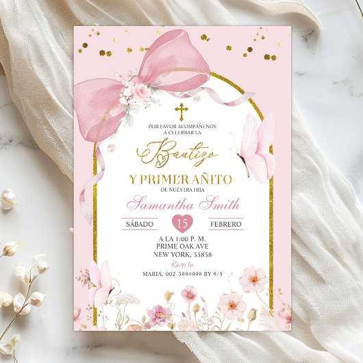 Invitation Bow Coquette Blush Pink Bautizo Y Primer Anito