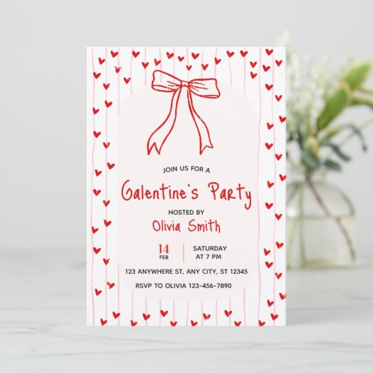 Invitation bow coquette galentines party invite , red hearts  (Debout devant)