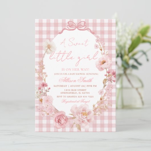 Invitation Bow Coquette Gingham Pink Bow Baby Shower (Debout devant)