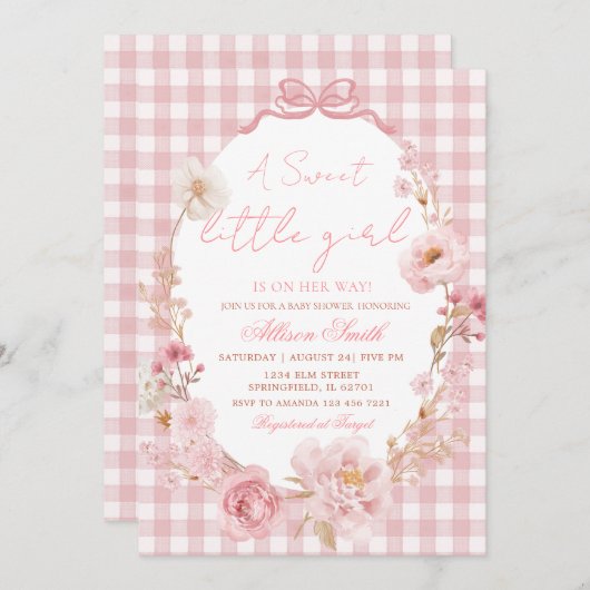 Invitation Bow Coquette Gingham Pink Bow Baby Shower (Devant / Derrière)