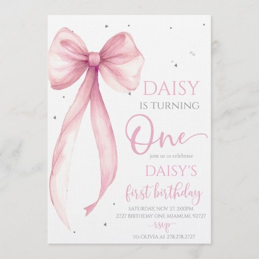 Invitation Bow Coquette Pink 1st Birthday  (Devant)