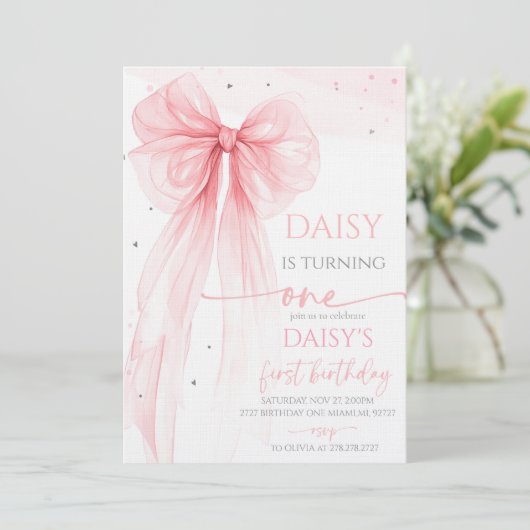 Invitation Bow Coquette Pink 1st Birthday  (Debout devant)