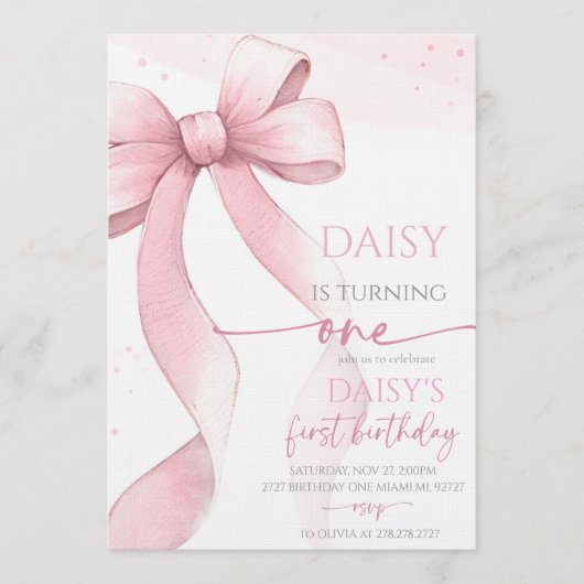 Invitation Bow Coquette Pink 1st Birthday (Devant)